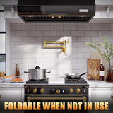 WOWOW Pot Filler Faucet Brushed Gold, Solid Brass Pot Filler Wall Mount Kitchen Stove Faucet with Double Joint Swing Arms