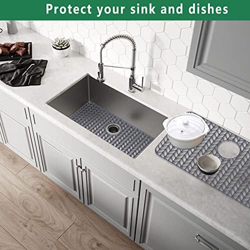 GUUKIN Sink Protectors for Kitchen Sink, 26''x 14'' Silicone Kitchen Sink Mat Grid for Bottom of Farmhouse Stainless Steel Porcelain Sink with Rear Drain (Grey)