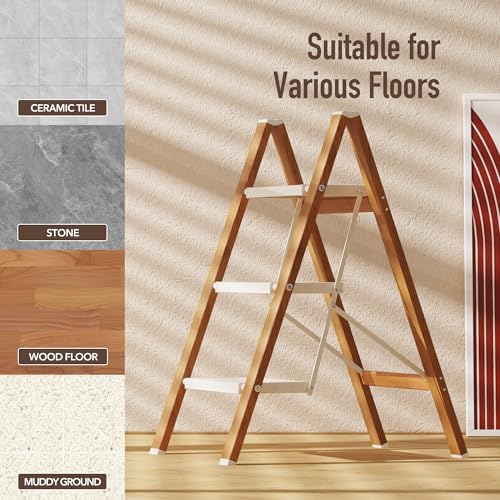 3 Step Lightweight Aluminum Folding Ladder, Portable Step Stool with Wide Anti-Slip Pedals, 330 lbs Capacity for Home,Cleaning Tasks（White&Woodgrain）