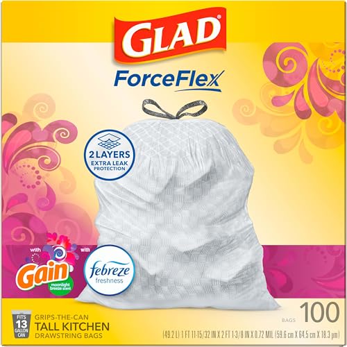 Glad Tall Kitchen Trash Bags 13 Gallon, Gain Moonlight Breeze Garbage Bags, Odorshield with Drawstring, 100 Count