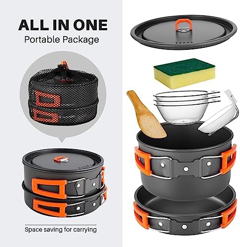 Odoland 9pcs Camping Cookware Non-Stick Lightweight Pots and Pans Set with Plastic Bowls Soup Spoon for Backpacking, Outdoor Cooking and Picnic