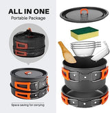 Odoland 9pcs Camping Cookware Non-Stick Lightweight Pots and Pans Set with Plastic Bowls Soup Spoon for Backpacking, Outdoor Cooking and Picnic