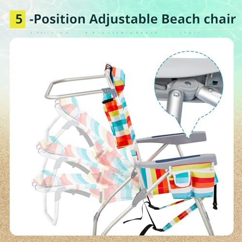 Outvita Backpack Beach Chair, 5 Level Adjustable Positions Beach Chair with Back Storage Bag, Cooler Pouch and Side Bags for Beach Poolside Lawn