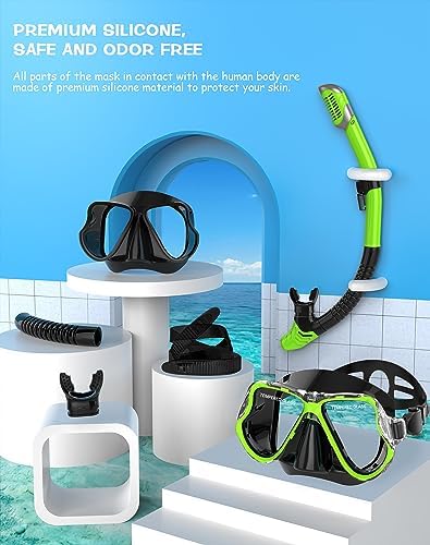 Greatever Dry Snorkel Set,Panoramic Wide View,Anti-Fog Scuba Diving Mask,Professional Snorkeling Gear