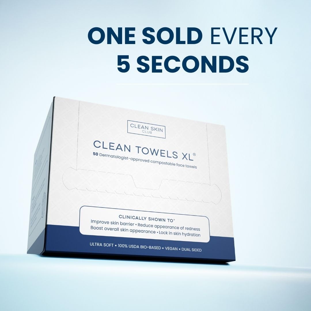 Clean Skin Club Clean Towels XL™, 100% USDA Biobased Face Towel, Disposable Face Towelette, Eczema Association Accepted, Makeup Remover Dry Wipes, Ultra Soft, 100 Ct, 2 Pack