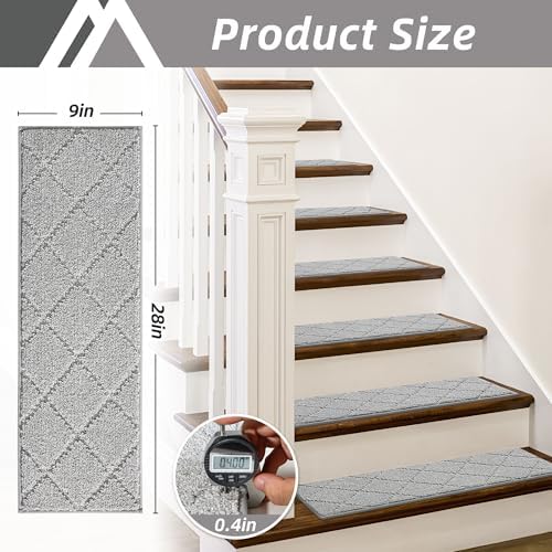 COSY HOMEER Edging Stair Treads Non-Slip Carpet Mat 28inX9in Indoor Stair Runners for Wooden Steps, Edging Stair Rugs for Kids and Dogs, 100% Polyester TPE Backing (7pc, Grey)