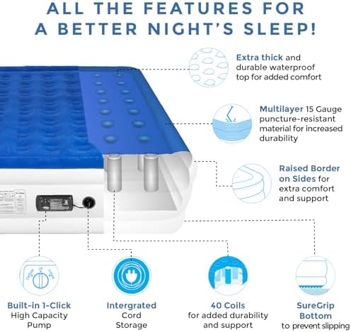 SoundAsleep Dream Series Luxury Air Mattress with ComfortCoil Technology & Built-in High Capacity Pump for Home Camping- Double Height, Adjustable, Inflatable Blow Up, Portable - California King XL