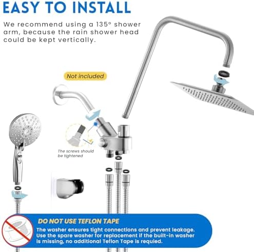Dual Shower Head Combo, 8'' High Pressure Rain Shower Head with Handheld Spray, 6 Settings Handheld Showerhead, 15" Height Adjustable Slide Bar, Angle Adjustable, Chrome Polished