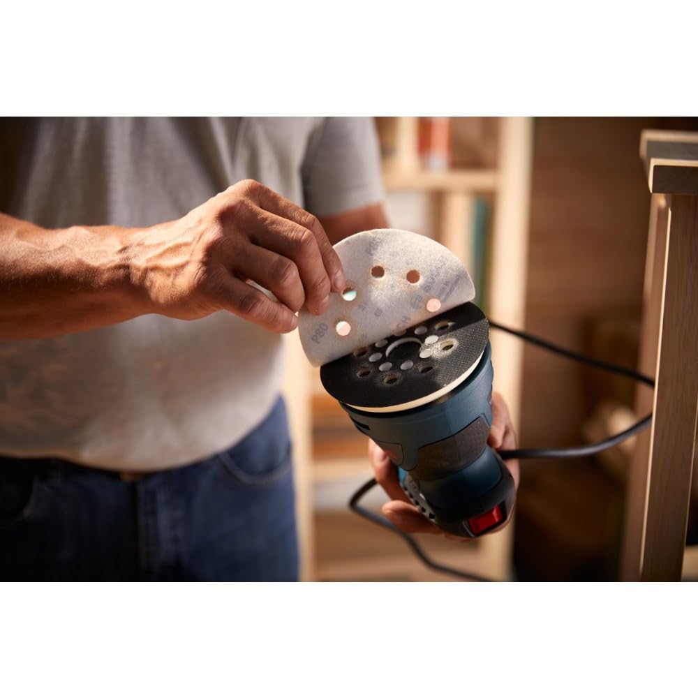 BOSCH ROS20VSC Palm Sander with Vacuum Dust Collector, 2.5 Amp 5 Inch Corded Variable Speed Random Orbital Sander, Polisher Kit with Soft Carrying Bag