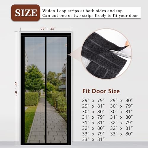Yotache Adjustable Magnetic Screen Door Fit Doors Size Width 29"-33" Height 79"-81", Reinforced Fiberglass Mesh with Full Frame Hook&Loop Strip, Black