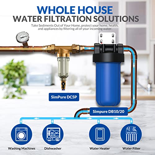 SimPure 40/200 Micron Spin Down Sediment Filter, Reusable Whole House Sediment Water Filter, Pre-Filtration System for City/Well water, 1" MNPT + 3/4" FNPT + 3/4"MNPT, BPA Free