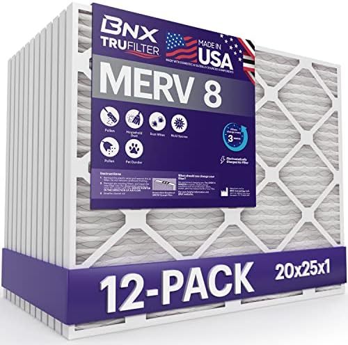 BNX TruFilter 20x25x1 Air Filter MERV 8 (12-Pack) - MADE IN USA – Dust & Pet Defense Electrostatic Pleated Air Conditioner HVAC AC Furnace Filters for Dust, Pet, Mold, Pollen MPR 600 – 700 & FPR 5