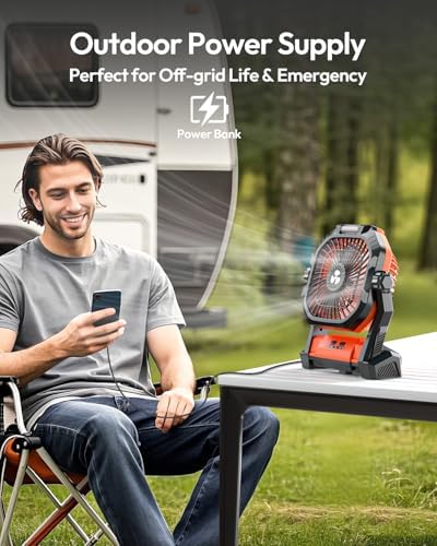 Camping Fan 27000mAh with LED Lantern - Cordless Portable Fan 8 inch USB C Battery Operated Rechargeable Powered Ventilador with Hanging Hook - 250° Rotating 4 Speed Personal Fans for Travel Camping