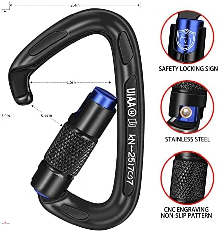 25KN Auto Locking Carabiner - UIAA Certified Heavy Duty Climbing Carabiners for Rock Climbing, Camping, Rappelling, Hunting, Rescue Equipment - Professional Carabiner Clips (Black)