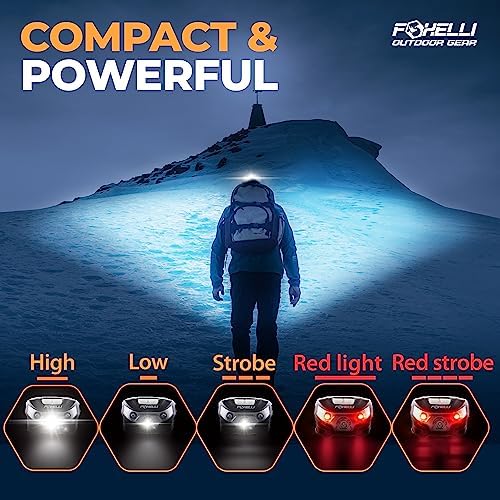 Foxelli Rechargeable LED Headlamp - Super Bright, Lightweight and Comfortable Head Light for Running, Camping, Hiking and Work, Suitable for Adults and Kids