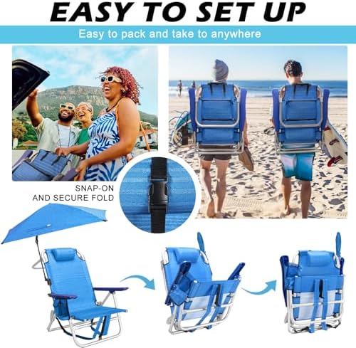 Beach Chair, Backpack Chairs for Adults with Adjustable Umbrella, Folding Beach Chairs with Storage Pouch, Cup Holder & Towel Rack, Adjustable Lounge Chair for Seaside, Blue