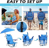 Beach Chair, Backpack Chairs for Adults with Adjustable Umbrella, Folding Beach Chairs with Storage Pouch, Cup Holder & Towel Rack, Adjustable Lounge Chair for Seaside, Blue