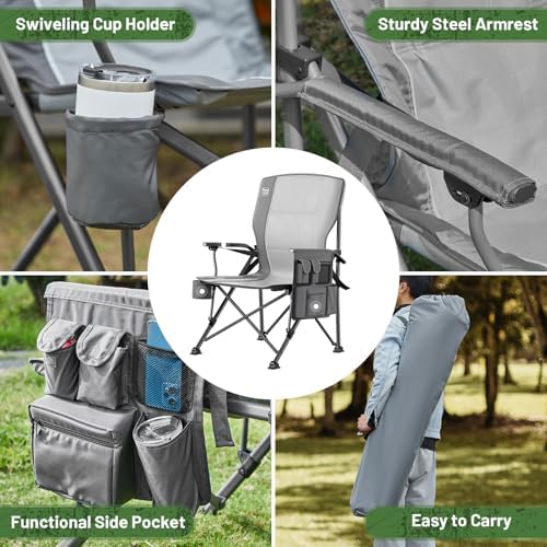 TIMBER RIDGE Oversized Folding Camping Chair with Lumbar Support Adjustable High Back Heavy Duty for Adults Aluminum Support up to 500lbs with Cup Holder, Cooler Bag, Side Pocket - 2Pack
