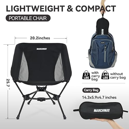 MARCHWAY Lightweight Folding Camping Chair, Stable Portable Compact for Outdoor Camp, Travel, Beach, Picnic, Festival, Hiking, Backpacking, Supports 330Lbs (Black)