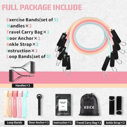 VEICK Resistance Bands, Exercise Bands, Workout Bands Set for Working Out with Handles for Men Women, Elastic Exercising Bands for Fitness Weights Work Out at Home Gym