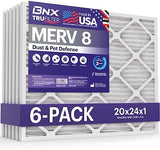 BNX TruFilter 20x24x1 Air Filter MERV 8 (6-Pack) - MADE IN USA – Dust & Pet Defense Electrostatic Pleated Air Conditioner HVAC AC Furnace Filters for Dust, Pet, Mold, Pollen MPR 600 – 700 & FPR 5