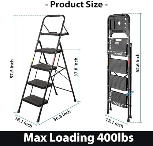BONTEC 4-Step Ladder, 400lbs Max Load, Folding Step Stool with Tool Tray, Anti-Slip Pedals, Sturdy Steel, Lightweight Portable Ladder with Handrail for Home & Work Use, Black