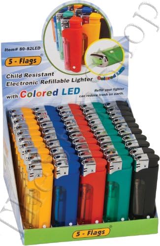 50pc. 5 - Flags Assorted Color with Colored LED Child Resistant Electronic Refillable Lighter (G80)
