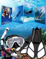 Snorkeling Gear for Adults Men Women,4 in 1 Snorkel Set with Panoramic View Diving Mask Anti-Fog Anti-Leak,Dry Top Snorkel,Fins and Travel Bag for Swimming,Snorkeling and Travel Diving