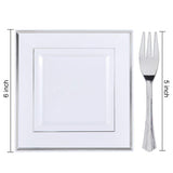WDF Silver Plastic Dessert Plates with Plastic Forks - 6” 100 Square Disposable Appetizer Plates Small Plates Cake Plates with Silver Rim &100 Small Appetizer Forks for Christmas Party/Wedding