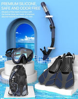Snorkeling Gear for Adults Men Women,4 in 1 Snorkel Set with Panoramic View Diving Mask Anti-Fog Anti-Leak,Dry Top Snorkel,Fins and Travel Bag for Swimming,Snorkeling and Travel Diving