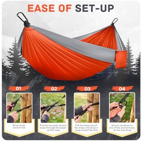 Camping Hammock Lightweight, Portable Hammocks Parachute Hammock with Two Tree Straps, Single or Double Travel Swing Nylon Camp Hammocks, Outdoor Essentials for Beach Backpacking Hiking, Orange
