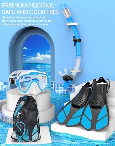 Snorkeling Gear for Adults Men Women,4 in 1 Snorkel Set with Panoramic View Diving Mask Anti-Fog Anti-Leak,Dry Top Snorkel,Fins and Travel Bag for Swimming,Snorkeling and Travel Diving