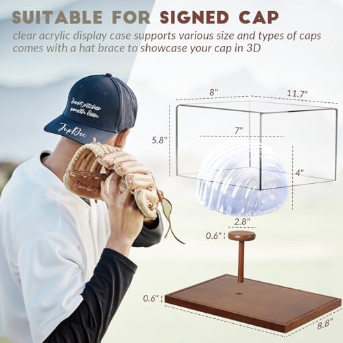 JupDec Hat Display Case, Clear Acrylic Baseball Cap Display Box Stand, UV Protection Signed Hat Transparent Showcase with Solid Wood Base Risers & Hat Shaper, Ideal Gift for Caps Collector