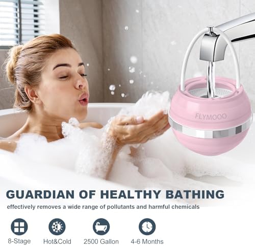 Bath Water Filter for Tub Faucet - 8 Stages Bathtub Water Filter Reduces Contaminants for Softer, Smoother Skin - 2,500 Gallons of Filtration, BPA Free (Pink)