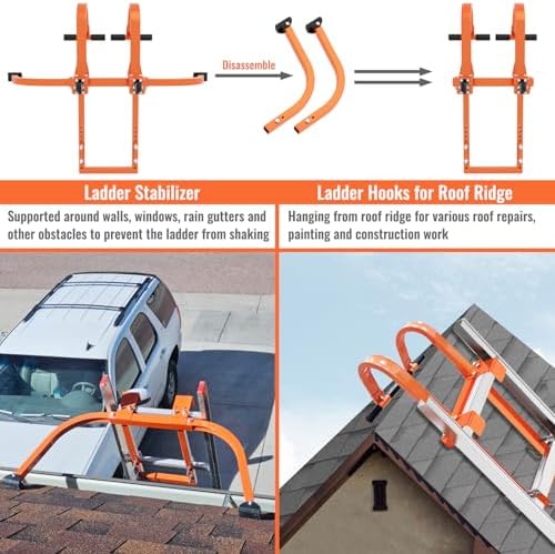 2 in 1 Ladder Hooks for Roof Ridge Heavy Duty Steel Ladder Roof Hook with Rubber Grip T-Bar for Damage Prevention, Extension Ladder Stabilizer 550 lbs Load Capacity