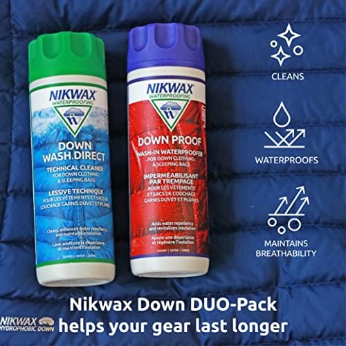 Nikwax Down, Down DUO-Pack, 300ml, Wash-In Cleaning and Waterproofing adds DWR Water Repellency to Down Filled Jackets, Outerwear, Sleeping Bags, Restores and Protects Insulation and Loft