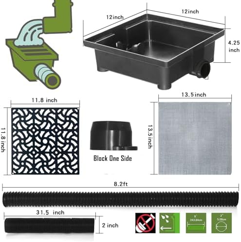 Gutter Downspout Extensions, NAACOO Upgraded 12x12in Catch Basin Low Profile Downspout Extender | No Deep Dig French Drain, Flexible Pipe Extension to 8.2ft, Protect House Foundation.