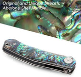 Benkey Damascus Pocket Knife with Clip Leather Sheath Sharp VG10 Core Folding Knife, EDC with Liner Lock Unique Abalone Seashells Handle for Outdoor Survival Camping Collection