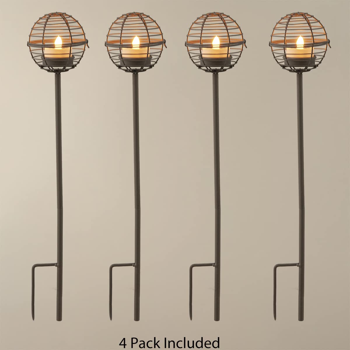 Solar Pathway Lights Outdoor, Rust Iron Ball Candle Holder Stake with Flickering Solar Powered Tea Lights, Perfect Decorative Garden Lighting for Yard Lawn Patio Landscape Decor Outside-4Pack