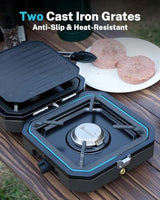 Gonex 2 Burner Propane Camping Stove with Griddle & Grates, Portable Foldable Cooking Stove with Total 16,000 BTU, Two Piezo Ignition Adjustable Burners for Camping, Patio, Emergency, Hiking (Black)