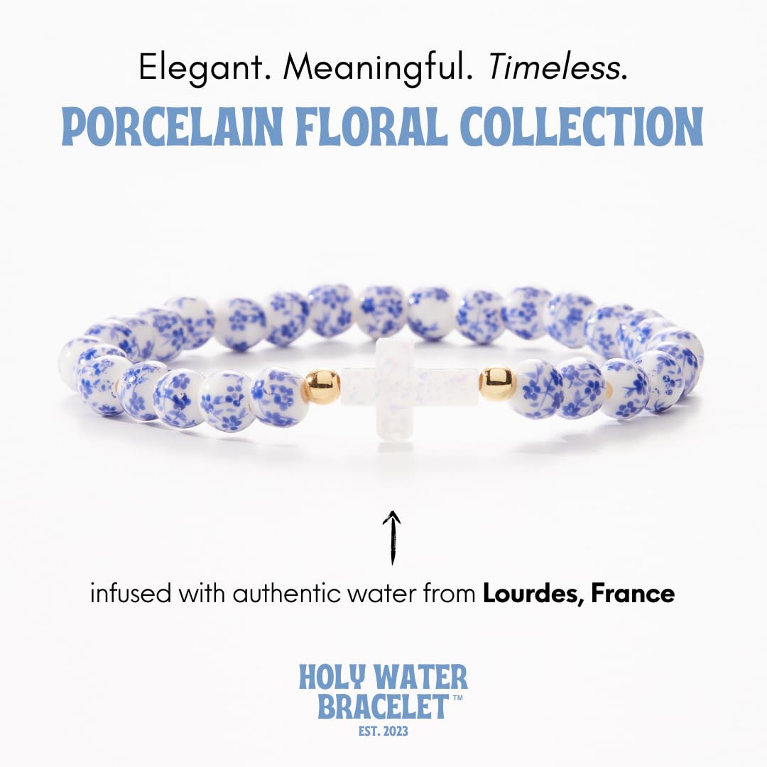 Holy Water Porcelain Cross Bracelet in Silver, Blue Floral Beads, Women