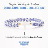 Holy Water Porcelain Cross Bracelet in Silver, Blue Floral Beads, Women