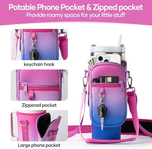 linmaya Water Bottle Carrier Bag with Phone Pocket for Stanley Cup 40/30oz,Insulated Neoprene Water Bottle Holder Cross-boday Bag with Adjustable Shoulder & Handheld Strap Stanley Cup Accessories