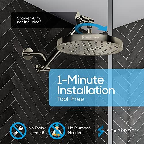 SparkPod Shower Head - High Pressure Rain - Premium Quality Luxury Design - 1-Min Install - Easy Clean Adjustable Replacement for Your Bathroom Shower Heads (Elegant Brushed Nickel, 8 Inch Round)