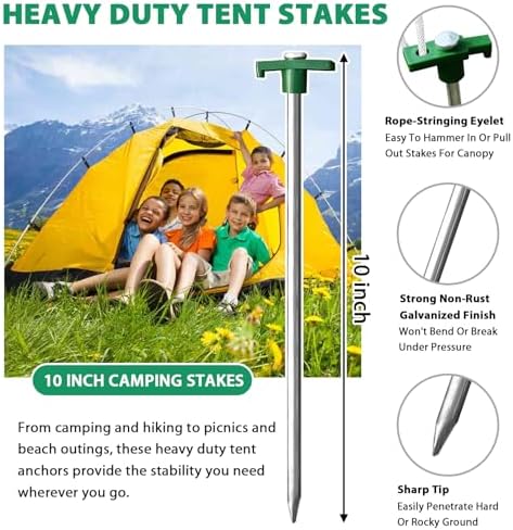 Eurmax USA Galvanized Non-Rust Camping Family Tent Pop Up Tent Stakes Ice Tools Heavy Duty 20pc-Pack, with 4x10ft Ropes & 1 Green Stopper