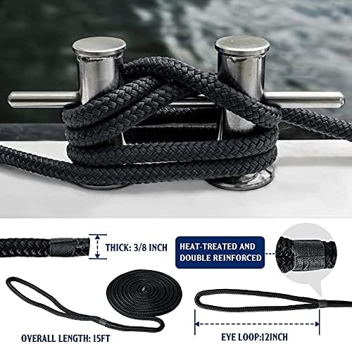 Dock Lines & Ropes Boat Accessories - 3/8" x 15' Double Braided Nylon Dock Lines with 12” Loop, Excellent 5800 lbs Breaking Strength Marine Rope for Kayak Pontoon Boats up to 30ft, Boating Gifts