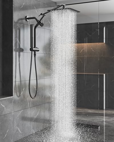 Veken 10" Luxurious All Metal Rain Shower Head with Handheld Spray Combo, High Pressure Rainfall Square Shower Heads with Extension Arm, Wide Dual Showerhead, Bathroom Accessories, Matte Black