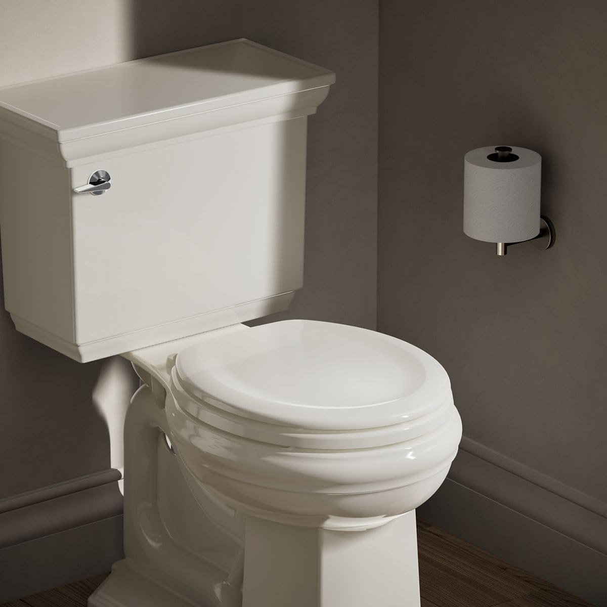 KOHLER Stonewood Quiet-Close, Round Toilet Seat Soft Close, Durable Wood, Easy Installation, Universal Fit, Home Essentials, Biscuit Finish, K-20467-96 (Pack of 2)