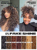 GORGIUS Highlight Brown Curly Wig with Bangs Glueless Synthetic Bang Wigs with Realistic Scalp Put On ang Go Beginner Friendly 20 Inch
