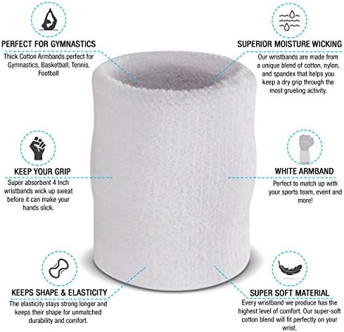 Suddora Arm Sweatbands, Absorbent and Breathable Thick Cotton Bands for Working Out, Gymnastics, Basketball, Tennis, and Football, Multiuse 4-inch Wristbands for Costumes and Cosplay